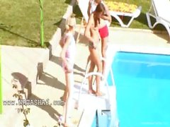 Three chicks secret sex by the pool