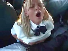 Blonde schoolgirls goes for a ride and sucks his cock before fucking