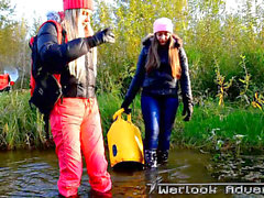 Two girls in catsuits, river wetlook