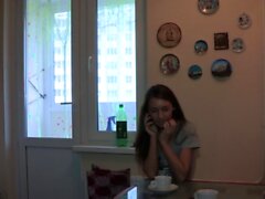 Slim cutie analyzed by her excited boyfriend in the kitchen