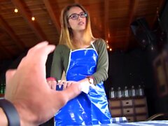 Blonde Colombian waitress with glasses rides cock in hot